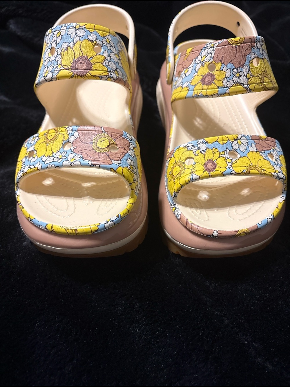 CROCS Floral Platform Wedge Sandals in Yellow, Blue & Pink